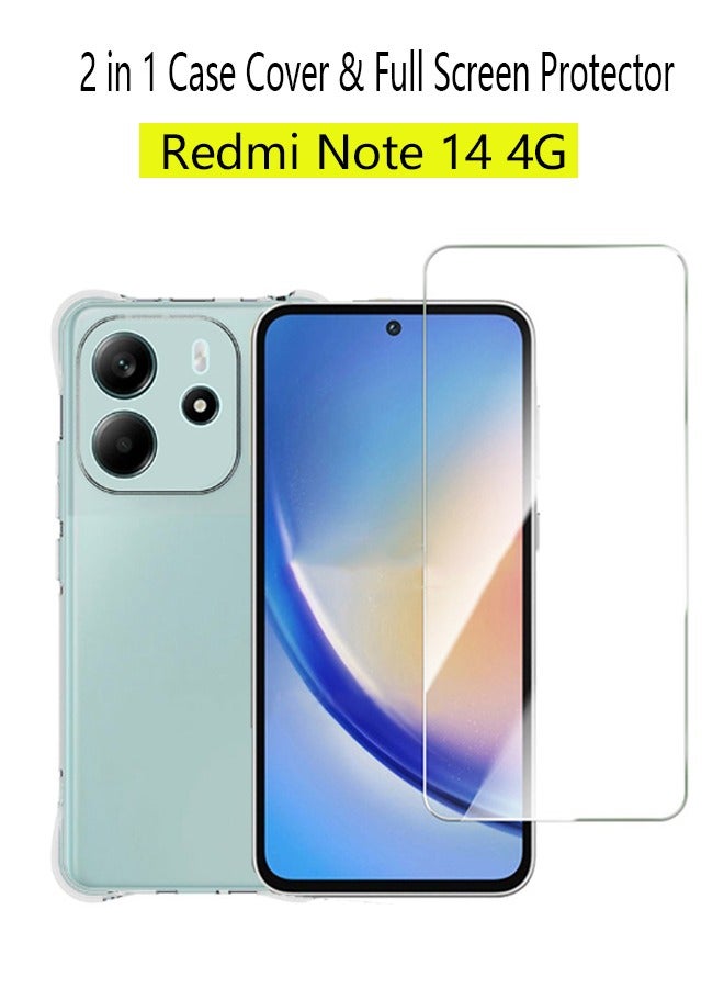 2 in 1 Redmi Note 14 4G Phone Case Cover & Screen Protector - Shockproof Clear Slim TPU Protective Phone Cover & Full Coverage Delicate Touch Tempered Glass Screen Protector for Redmi Note 14 4G - Image 1