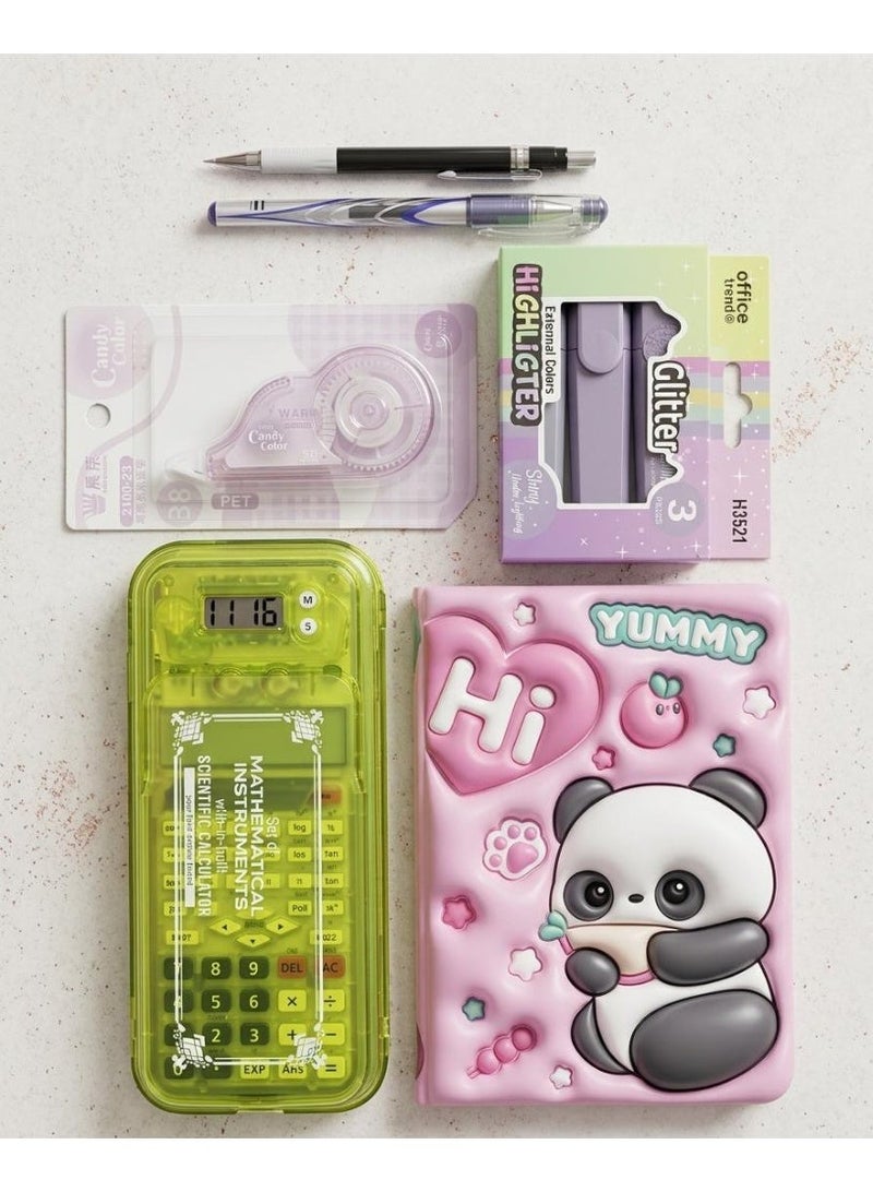 A set of school tools (calculator, pencil case, geometric tools, notebook, 3-color highlighter, corrector, pen, pencil) - Image 1