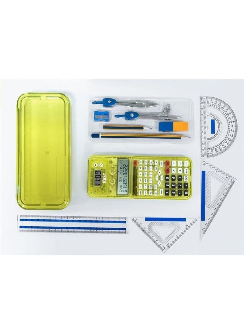 A set of school tools (calculator, pencil case, geometric tools, notebook, 3-color highlighter, corrector, pen, pencil) - Image 2