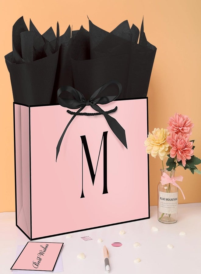 Linelglobal Pink Letter Gift Bag with Handles for Women 12.6" Anniversary Wedding Party Includes Envelope, Card, Wrapping Paper - Initial M - Image 4