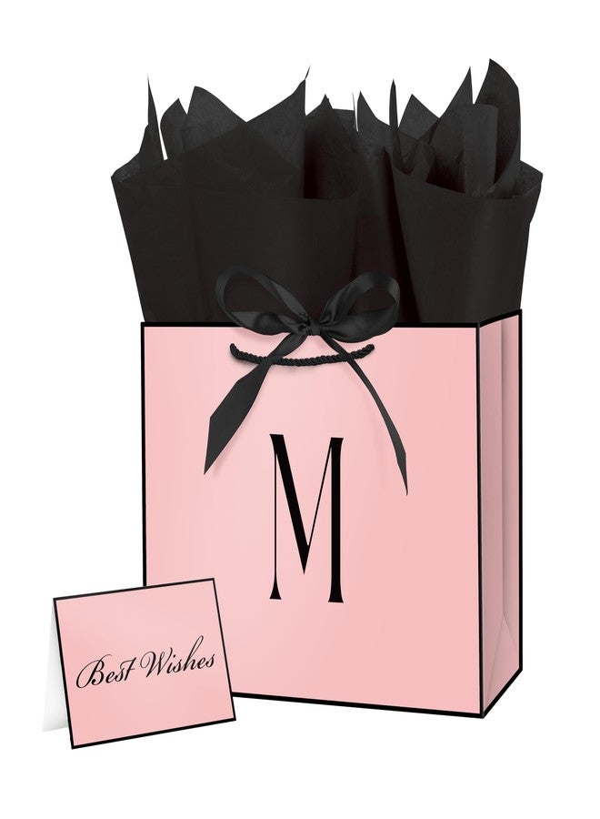 Linelglobal Pink Letter Gift Bag with Handles for Women 12.6" Anniversary Wedding Party Includes Envelope, Card, Wrapping Paper - Initial M - Image 1