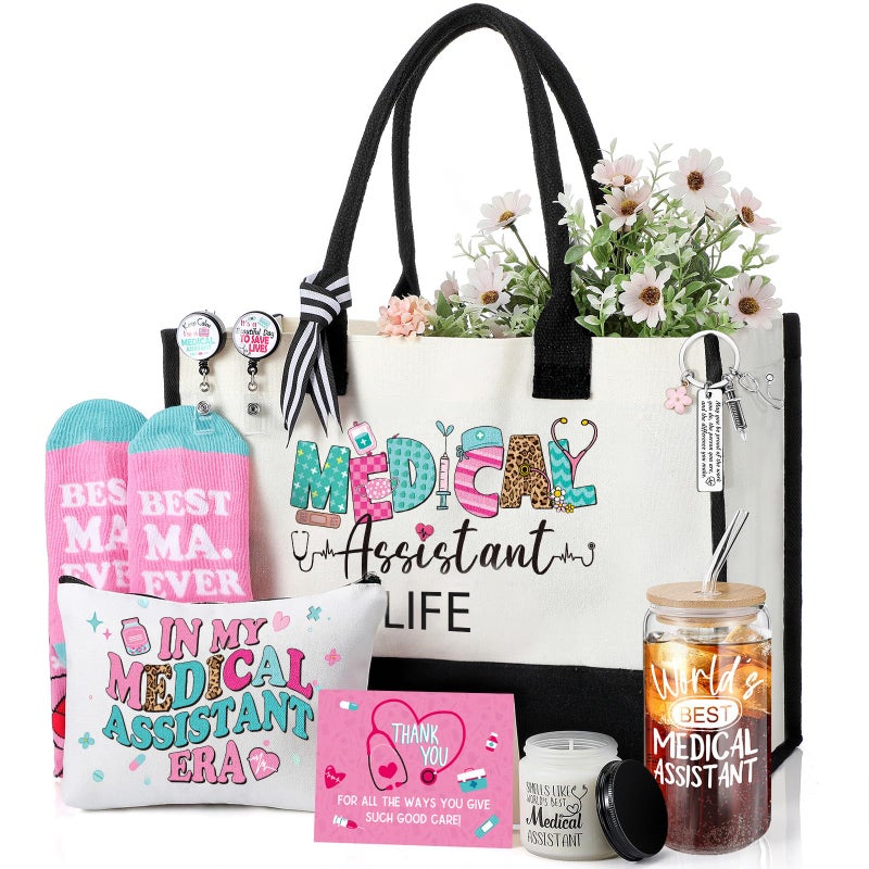 Skylety 9 Pcs Nurse Medical Assistants Gift Set for Women Trapezoid Grocery Canvas Tote Bags with Handle Glass Jar Tumbler Scented Candle Badge Reel Socks Novelty MA Nurse Week Appreciation Gift - Image 2