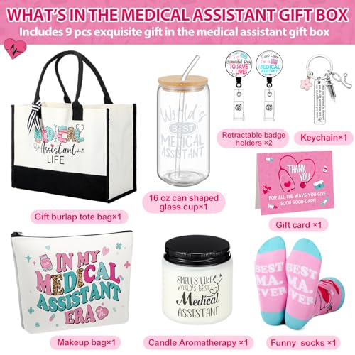 Skylety 9 Pcs Nurse Medical Assistants Gift Set for Women Trapezoid Grocery Canvas Tote Bags with Handle Glass Jar Tumbler Scented Candle Badge Reel Socks Novelty MA Nurse Week Appreciation Gift - Image 3