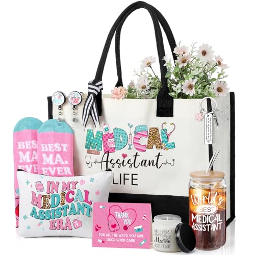 Skylety 9 Pcs Nurse Medical Assistants Gift Set for Women Trapezoid Grocery Canvas Tote Bags with Handle Glass Jar Tumbler Scented Candle Badge Reel Socks Novelty MA Nurse Week Appreciation Gift - Image 1