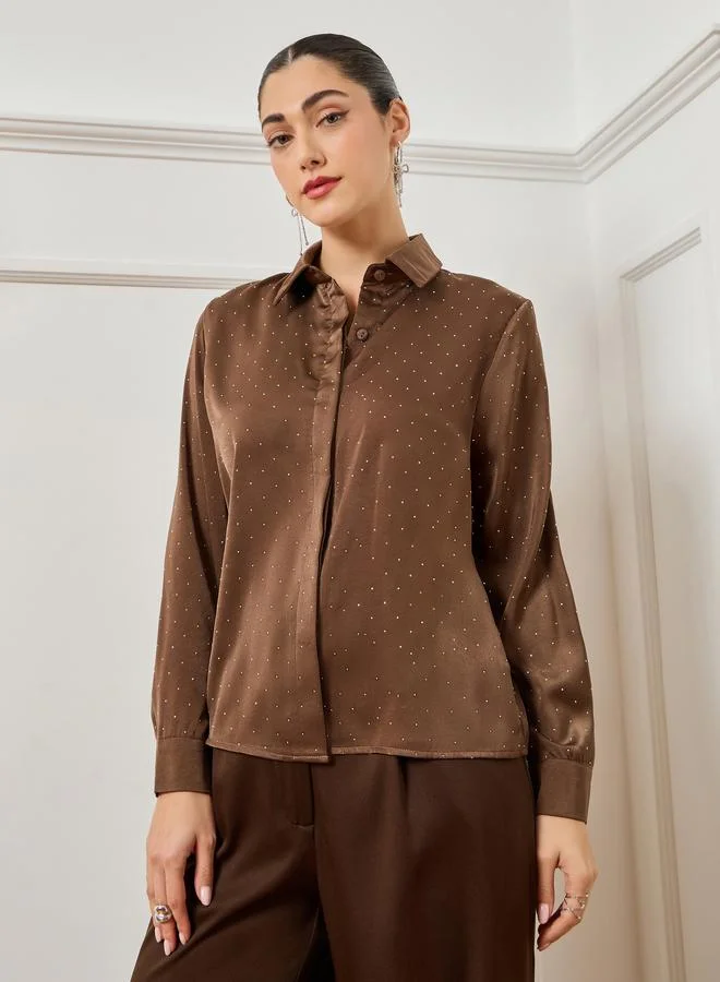 Styli Women Brown Embellished Satin Shirt