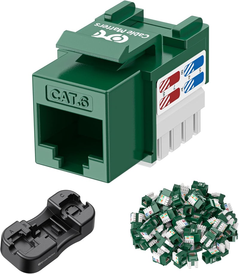 CableMatters [مدرج في UL] حزمة 25 من موصلات كات 6 RJ45، موصل كات 6، موصل إيثرنت مودولار باللون الأخضر مع قاعدة تثبيت للوحة التوصيل ولوحة الجدار - Image 1