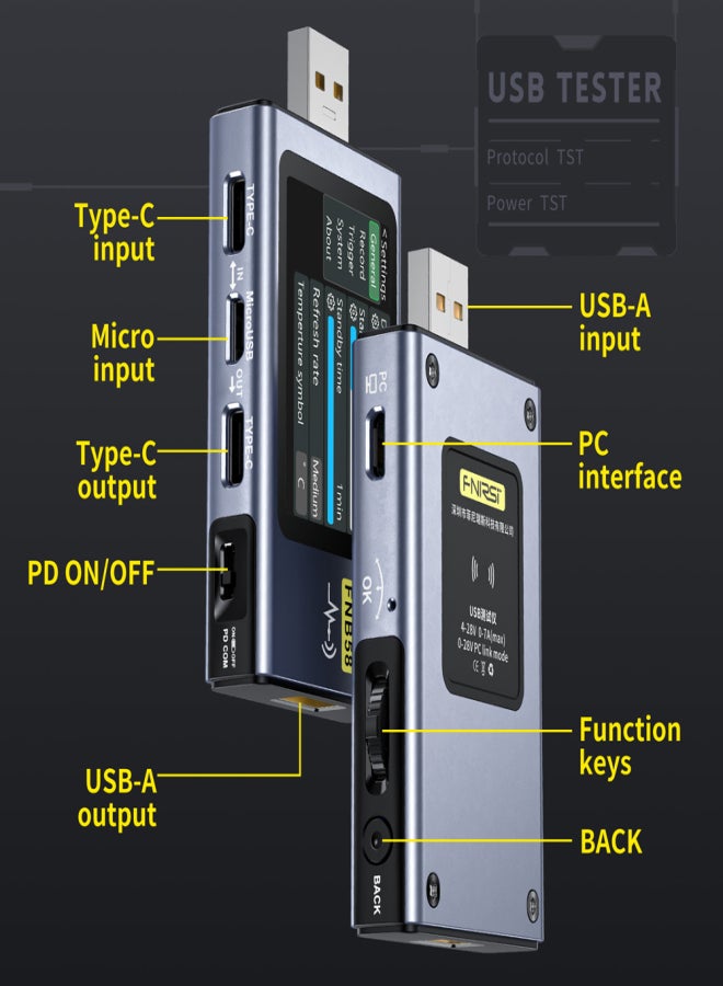 فنيرسي جهاز قياس الفولتميتر الرقمي المحمول، جهاز اختبار USB، جهاز اختبار الكشف عن بروتوكول إعادة الشحن السريع للهواتف المحمولة من النوع C، قياس سعة الزناد، قياس التموج - Image 2