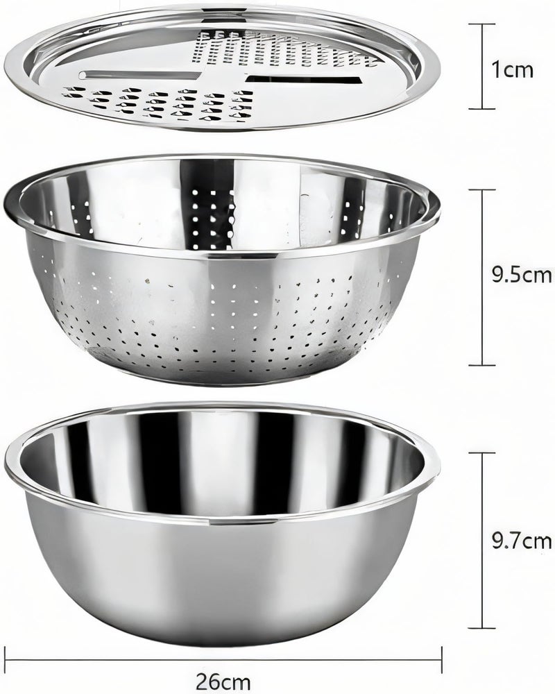 EVK® Kitchen Multifunctional Stainless Steel 3 in 1 Colanders Basin Grater Strainer & Drain Basket Salad Maker Bowl Vegetable Fruits Washing Strainer Set (26cm) - Image 2