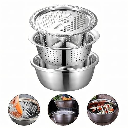 EVK® Kitchen Multifunctional Stainless Steel 3 in 1 Colanders Basin Grater Strainer & Drain Basket Salad Maker Bowl Vegetable Fruits Washing Strainer Set (26cm) - Image 1