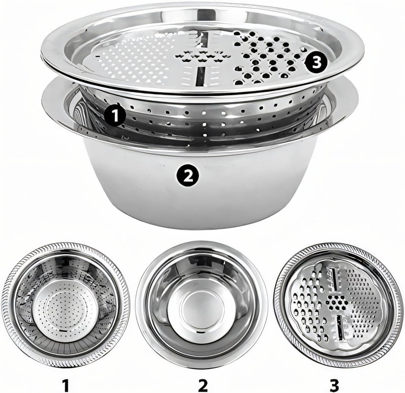 EVK® Kitchen Multifunctional Stainless Steel 3 in 1 Colanders Basin Grater Strainer & Drain Basket Salad Maker Bowl Vegetable Fruits Washing Strainer Set (26cm) - Image 3