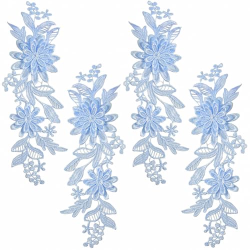 CABODYALS 4Pcs Blue Lace Flower Applique Vintage 3D Floral Embroidery Appliques Polyester Soild Embroidered Sew on Patches Bulk for Sewing Making Crafts Dresses Gowns Wedding Headpiece Home Decor - Image 1