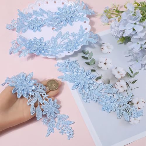 CABODYALS 4Pcs Blue Lace Flower Applique Vintage 3D Floral Embroidery Appliques Polyester Soild Embroidered Sew on Patches Bulk for Sewing Making Crafts Dresses Gowns Wedding Headpiece Home Decor - Image 3