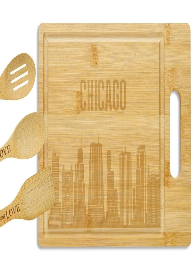 INNObeta Chicago City Skyline Gifts Bamboo Cutting Board with Wooden Spoon Chicago Lovers, Skyline Map Kitchen Gift for Christmas, Mother's Day - 11.4 x 8.6 - Image 1