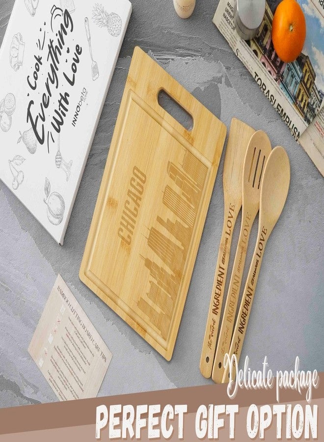 INNObeta Chicago City Skyline Gifts Bamboo Cutting Board with Wooden Spoon Chicago Lovers, Skyline Map Kitchen Gift for Christmas, Mother's Day - 11.4 x 8.6 - Image 4