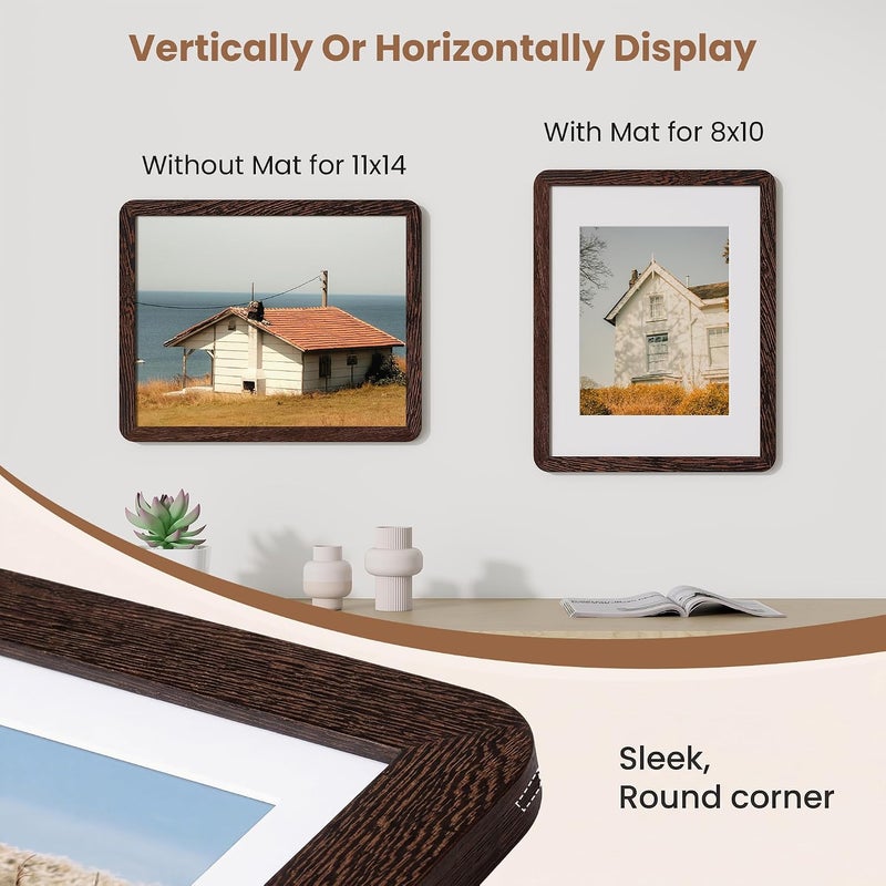 FLYJOE 11x14 Picture Frame,Natural Solid Wenge Wood 11 x 14 Photo Frame with HD Tempered Glass,Handcrafted Rounded Corner 11 by 14 Wooden Frames Matted to 8x10,11x14 Frame Wall Decor for Art,Family,Wedding - Image 4