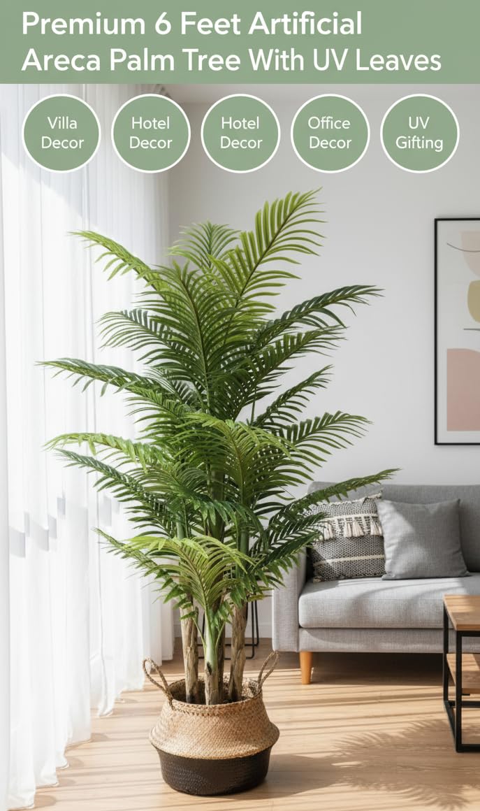 KAYKON 6 Feet Artificial Areca Palm Plant with 4 Trunks Real Looking Lifelike Fake Dense Tree for Luxury Decoration and Housewarming Gift Without Vase -180cm - Image 2
