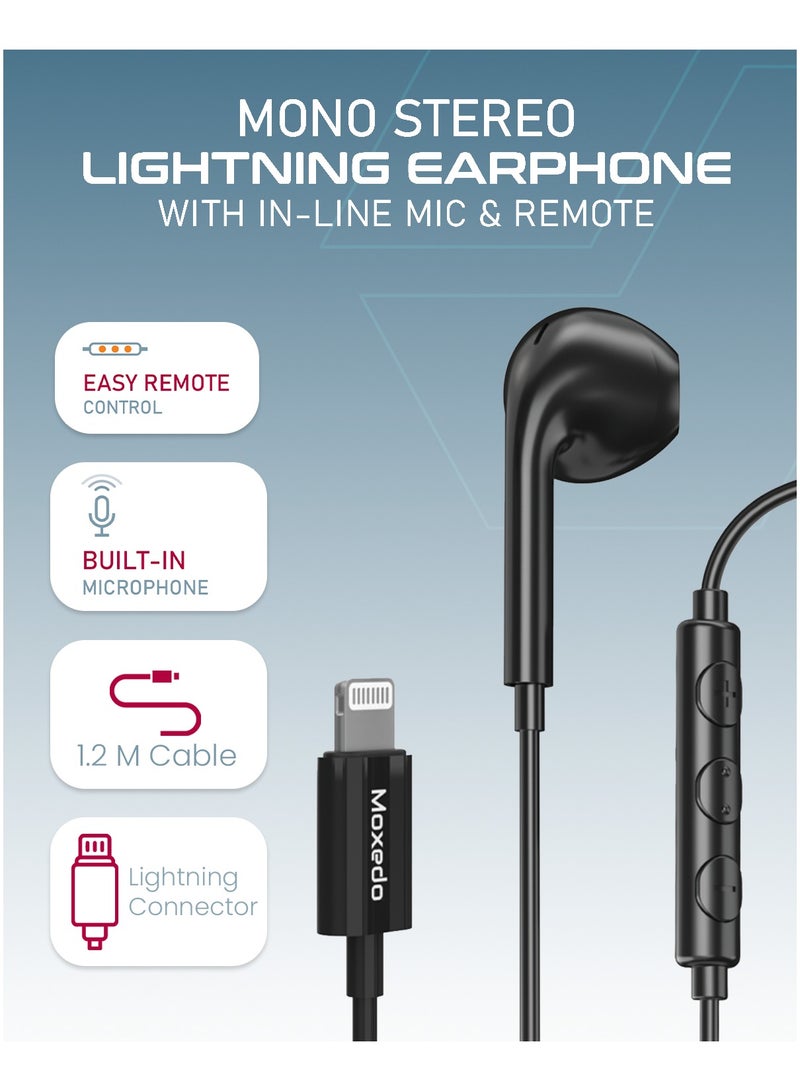Moxedo Moxedo Mono Stereo Earphone Lightning Connector Earphone In-Line Remote, Built-in Microphone Compatible for iPhone 14/13/12/11 Pro Max/X/XS Max/XR - Black  - Image 2