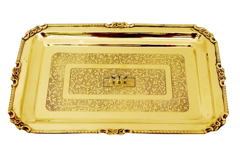KBB Brass Tray MUGHAL Etching for Serving and for Salad and Rice (950 gm) - Image 1