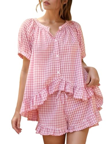 Flygo Womens Gingham Pajamas Set 2 Piece Cotton Pj Lounge Sets Puff Sleeve Ruffle Babydoll Shirt Shorts Summer OutfitsPinkL - Image 1
