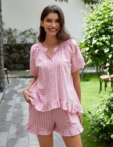 Flygo Womens Gingham Pajamas Set 2 Piece Cotton Pj Lounge Sets Puff Sleeve Ruffle Babydoll Shirt Shorts Summer OutfitsPinkL - Image 3
