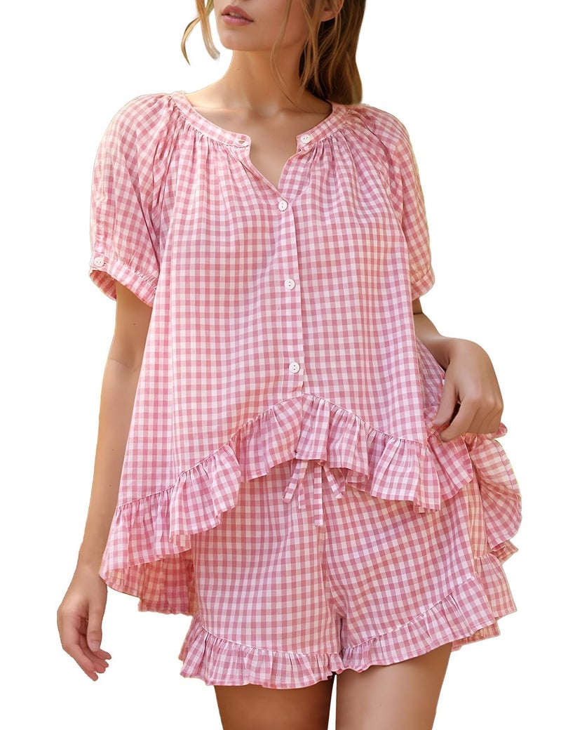 Flygo Womens Gingham Pajamas Set 2 Piece Cotton Pj Lounge Sets Puff Sleeve Ruffle Babydoll Shirt Shorts Summer OutfitsPinkL - Image 2