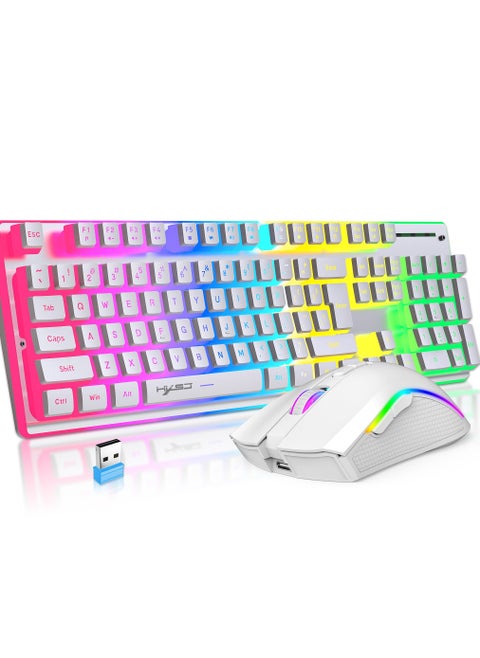 Wireless Mouse And Keyboard Set RGB Water Backlight Rechargeable Keyboard ABS Pudding Key Cap Automatic Hibernation Power Saving Mode 2.4G Wireless Transmission Technology(White)