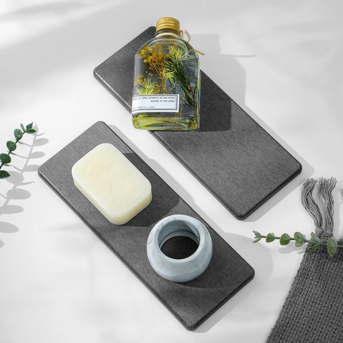 2PCS BATHROOM TRAYS WATER ABSORBING DIATOMITE STONE QUICK DRYING MAT FOR KITCHEN COUNTER DISH RACK SOAP DISPENSER SPONGE HOLDER CADDY SINK VANITY ORGANIZER DARK GRAY SLATE9X35