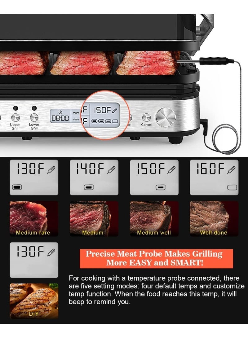 Dxmocos 5 in 1 Indoor Grill, Electric Contact Grill and Griddle, Panini Press Grill Sandwich Maker with Meat Thermometer, LCD Display, Stainless Steel, Healthy Ceramic Nonstick, 2000W - Image 4