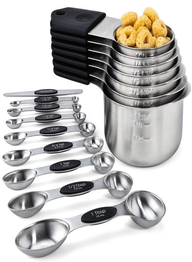 Turewin Magnetic Measuring Cups and Spoons Set Including 7 Stainless Steel Measuring Cups 8 Double Sided Magnetic Measuring Spoons Set with 1 Leveler Kitchen Tools for Cooking Baking (Black) - Image 1