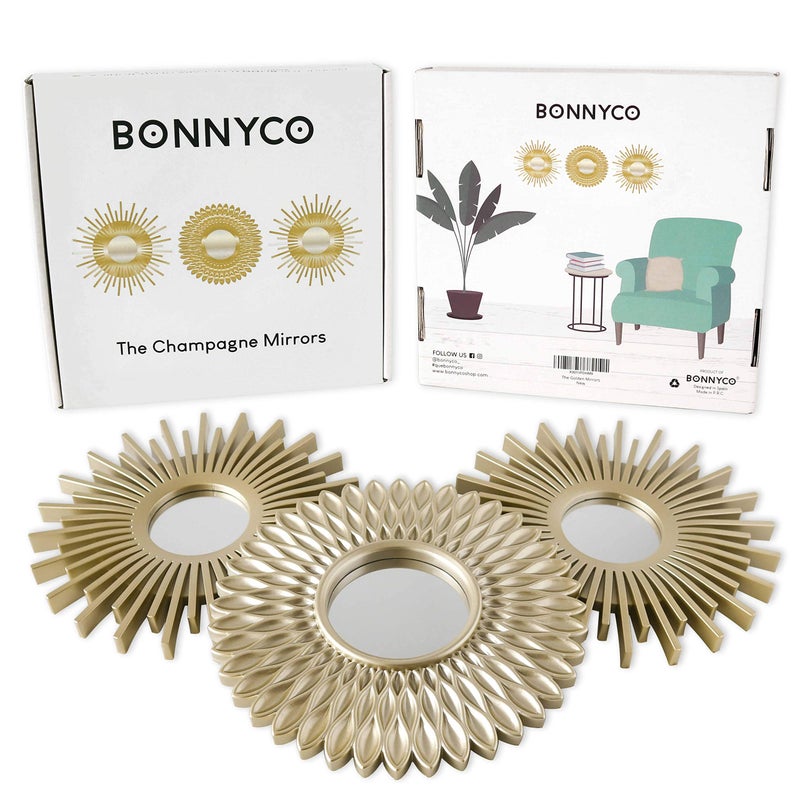 BONNYCO مرايا بونيكو الذهبية للجدار عبوة من 3، مرايا جدارية دائرية لغرفة النوم والديكور المنزلي. مرايا زخرفية للجدار لغرفة المعيشة وغرفة النوم، ديكور حديث بسيط عتيق، أنيق. هدايا للنساء والأمهات. - Image 2