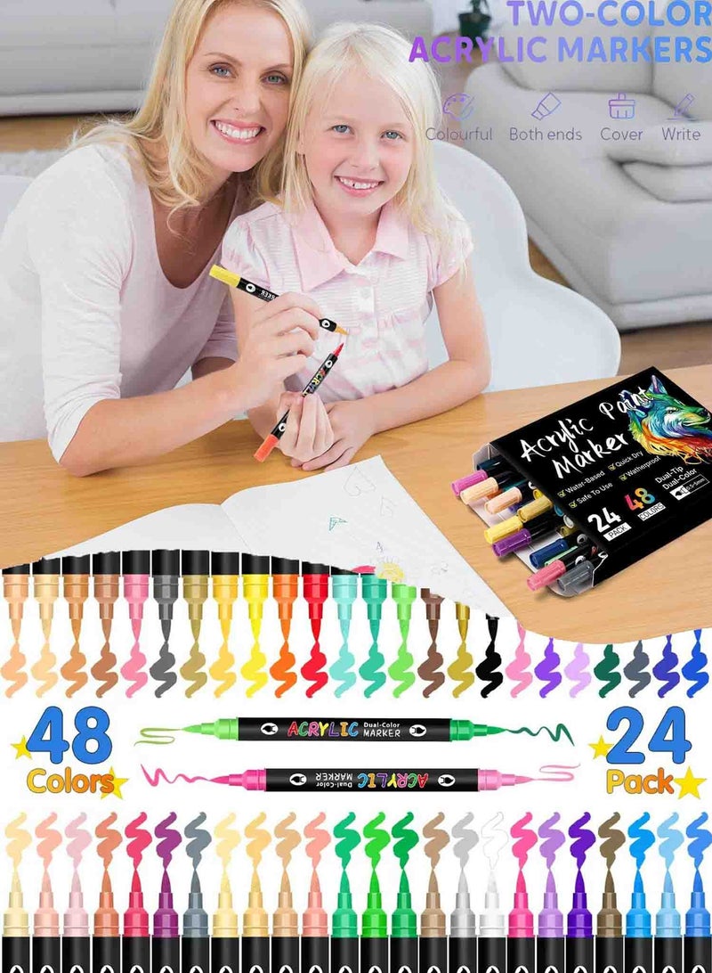 Thronest 48 Colors 24 pieces Acrylic Paint，Dual-Tip Acrylic Paint pens for Kids ，Non-Toxic Art Supplies with Vibrant Colors， for Children's Creative Projects at Home & School - Image 2