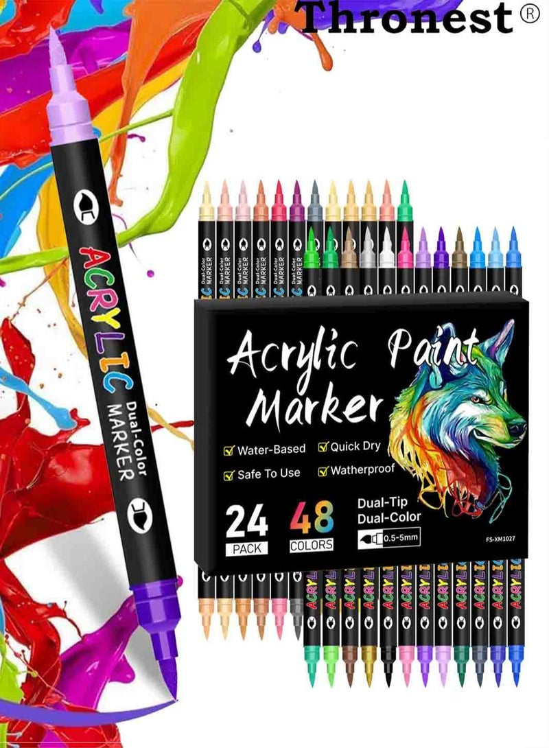 Thronest 48 Colors 24 pieces Acrylic Paint，Dual-Tip Acrylic Paint pens for Kids ，Non-Toxic Art Supplies with Vibrant Colors， for Children's Creative Projects at Home & School - Image 1