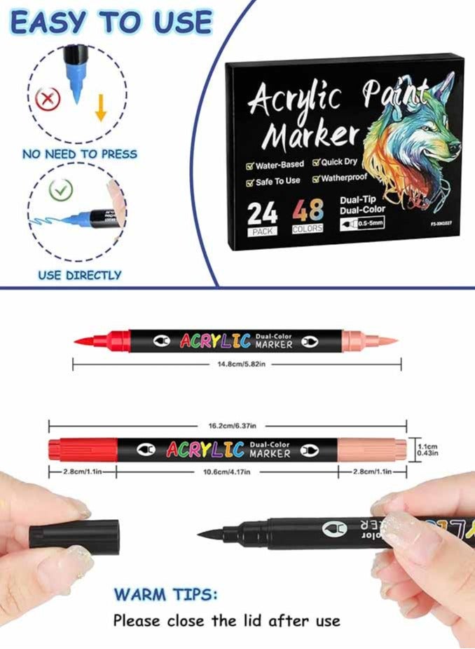 Thronest 48 Colors 24 pieces Acrylic Paint，Dual-Tip Acrylic Paint pens for Kids ，Non-Toxic Art Supplies with Vibrant Colors， for Children's Creative Projects at Home & School - Image 3