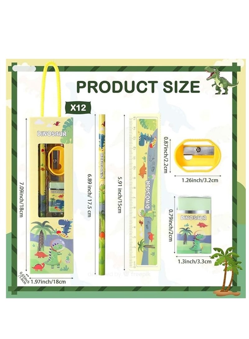 12 Boxes Stationery Set，Back to School Supplies Kit for Kids Including Pencils Eraser Ruler Sharpeners for Students Gifts Classroom Rewards Party Favors (Dinosaur)