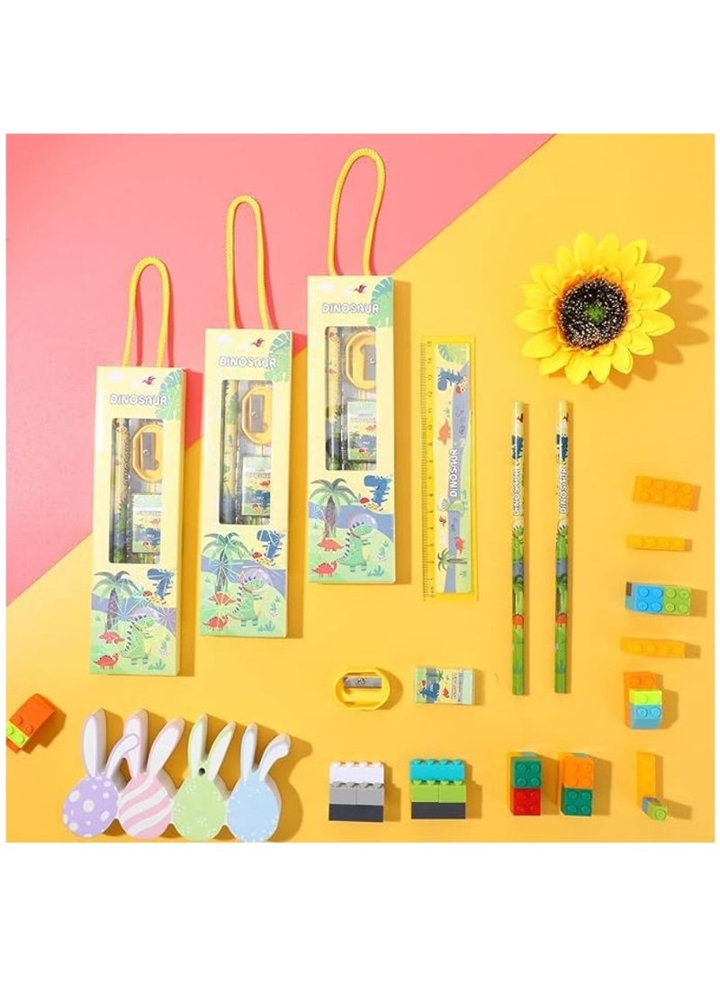 12 Boxes Stationery Set，Back to School Supplies Kit for Kids Including Pencils Eraser Ruler Sharpeners for Students Gifts Classroom Rewards Party Favors (Dinosaur)