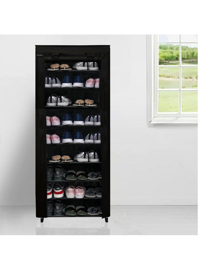 ROBMOB 9 Tier Metal Shoe Rack Collapsible Shoe Organiser with Adjustable Shelves Space Saving Lightweight Racks Foldable Sneaker Footwear Best for Men, Women, Boots, Slippers (Black Cover) - Image 1