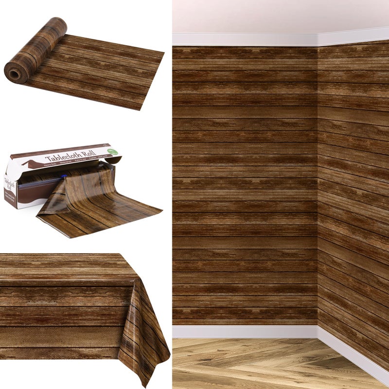 Kochorie 100 Ft x 54 Inch Wood Grain Tablecloth Roll in Slide Cutter Box Disposable Rustic Backdrop Vintage Table Cover Western Themed Bulletin Board Plastic Roll for Barn Birthday Classroom Decor - Image 1
