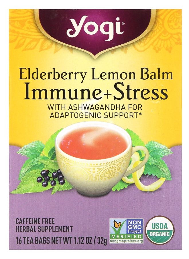 Yogi Tea Immune + Stress Elderberry Lemon Balm Caffeine Free 16 Tea Bags 1.12 oz (32 g) 