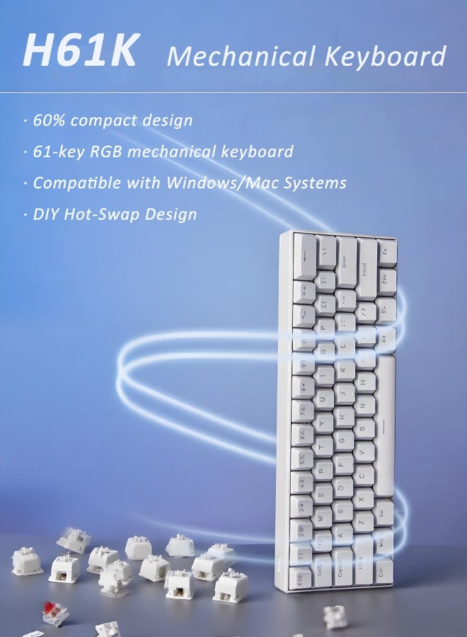 KORAX Mechanical Gaming Keyboard, Hot-Swappable RGB Backlighting, 61-Key Esports, 60% Compact Size, Detachable Keycaps & Cable, Wired, Compatible with PC/Mac, Gaming Keyboard & Office Keyboard, Portable for Travel, White - Image 3