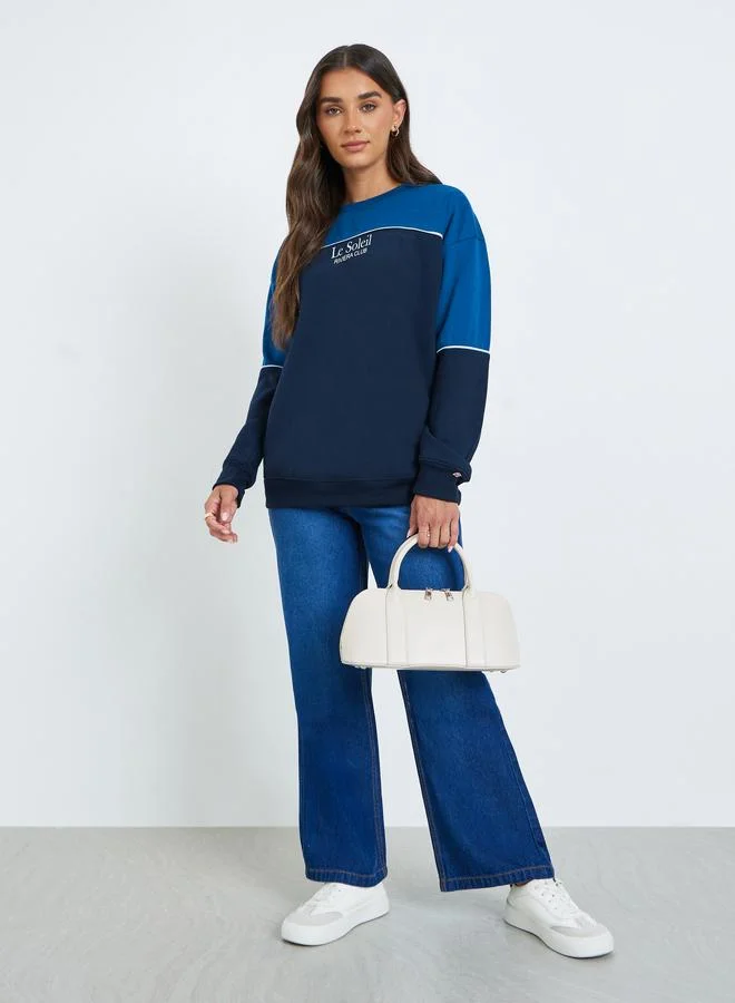 Styli Women Color Block Slogan Print Sweatshirt