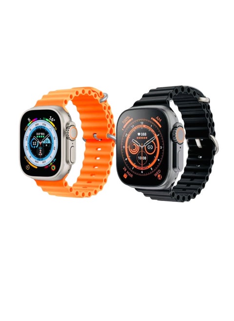 New 2023 Ultra Smart Watch, 8 series Largest and Brightest Display, loud SpeakerWith Video Controlling Assistant,Calling,Sports made,BIGGER SCREEN SHOW MORE 2pc (Black and Orange)