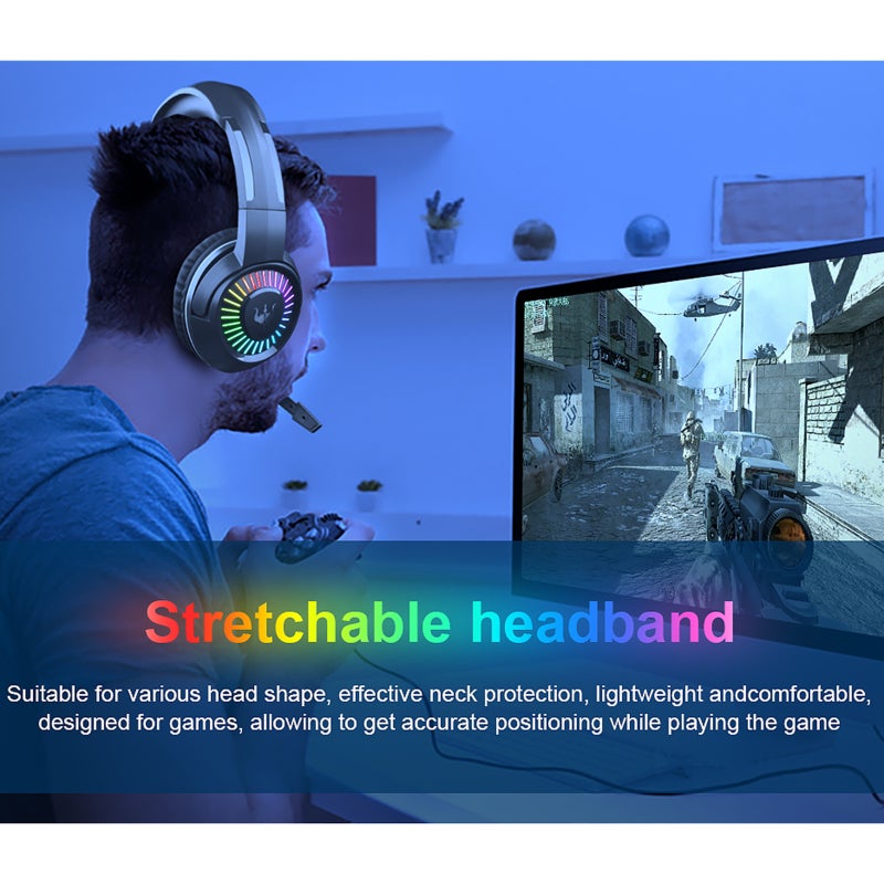 أوفلينج سماعة ألعاب برأس مزودة بإضاءة LED RGB سلكية تُوضع على الرأس - سماعة صوت محيطي تعمل عبر USB مع ميكروفون عازل للضوضاء للحواسيب واللابتوب وPS4 وPS5 - Image 2