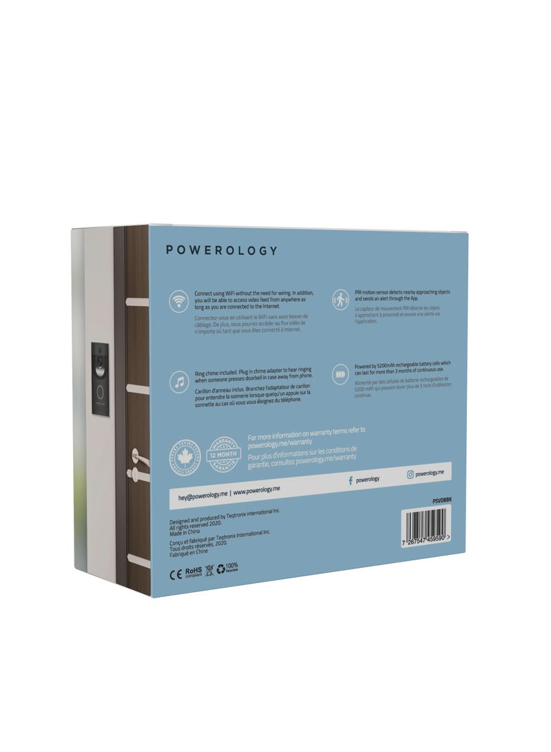 Powerology Smart Video Door bell with WiFi Connection & Night Vision / Water Resistant IPX4 / Motion Sensor F37 / Wide Angle 166 / IOS,Android APP / Up To 32G / Two Way Talk - Black - Image 4