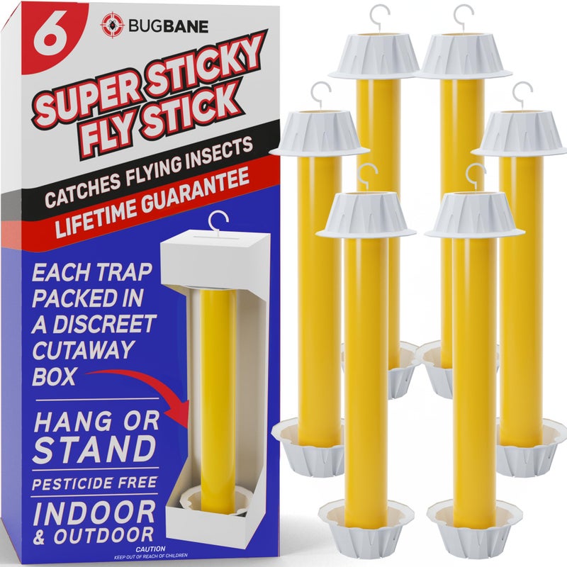 BugBane Fly Stick Sticky Fly Traps for Indoors Outdoor 6pk. Non-Toxic Super Sticky Hanging Flies Catcher Paper Tape Strips for Home. Catches All Bugs and gnats. Indoor Outdoor House Flying Insect Trap - Image 1