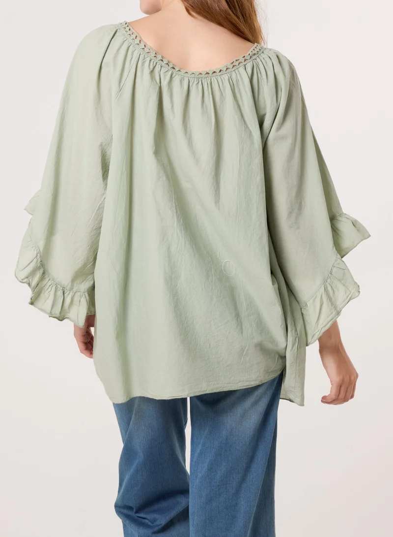 Blue Vanilla Bardot Cotton Tie Neck Top