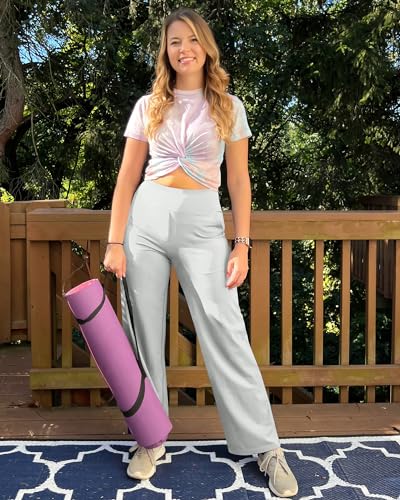G4Free Yoga Pants Wide Leg Sweatpants for Women Stretch Dress Pants with Pockets Soft Pajama Palazzo Pants Tummy Control(Light Grey,M,29") - Image 2