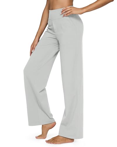 G4Free Yoga Pants Wide Leg Sweatpants for Women Stretch Dress Pants with Pockets Soft Pajama Palazzo Pants Tummy Control(Light Grey,M,29") - Image 4