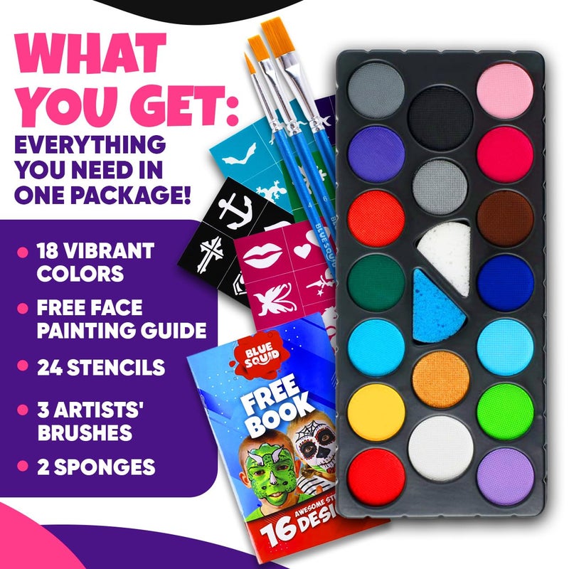 Blue Squid Face Painting Kit for Kids â€“ 18 Colors Kids Face Paint Kit Palette with Stencils & Guided Tutorial, Water Activated Non Toxic Washable Professional Facepaint body set Halloween Party Makeup - Image 3