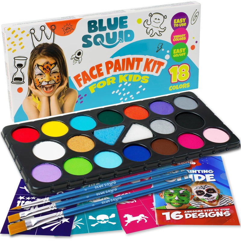 Blue Squid Face Painting Kit for Kids â€“ 18 Colors Kids Face Paint Kit Palette with Stencils & Guided Tutorial, Water Activated Non Toxic Washable Professional Facepaint body set Halloween Party Makeup - Image 1