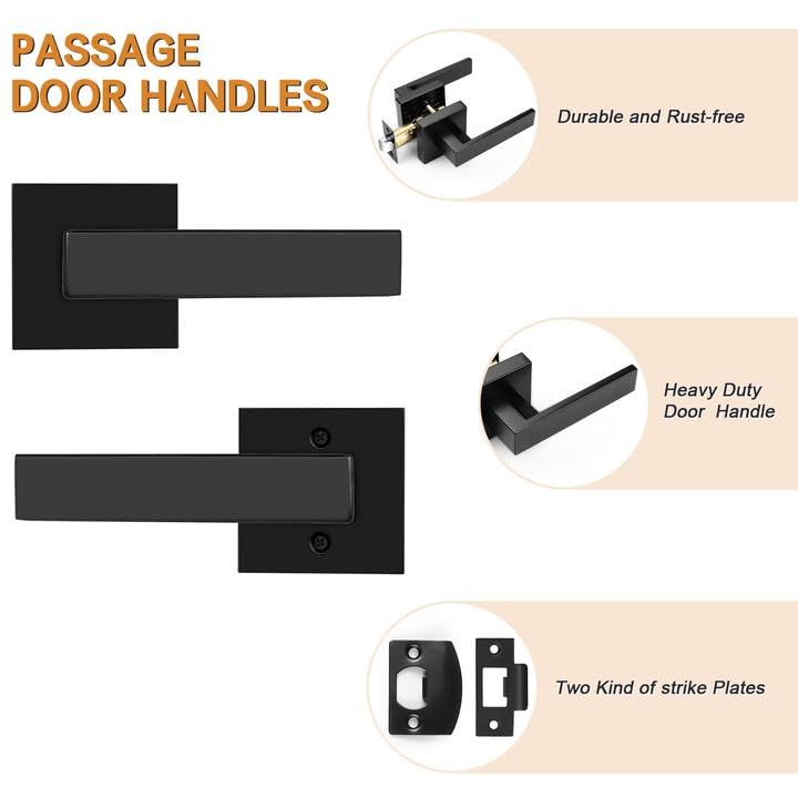 Probrico 8 Pack| Matte Black Passage Levers for Hall and Closet, Square Heavy Duty Interior Keyless Door Handles, Reversible for Left Right Sided Doors - Image 2